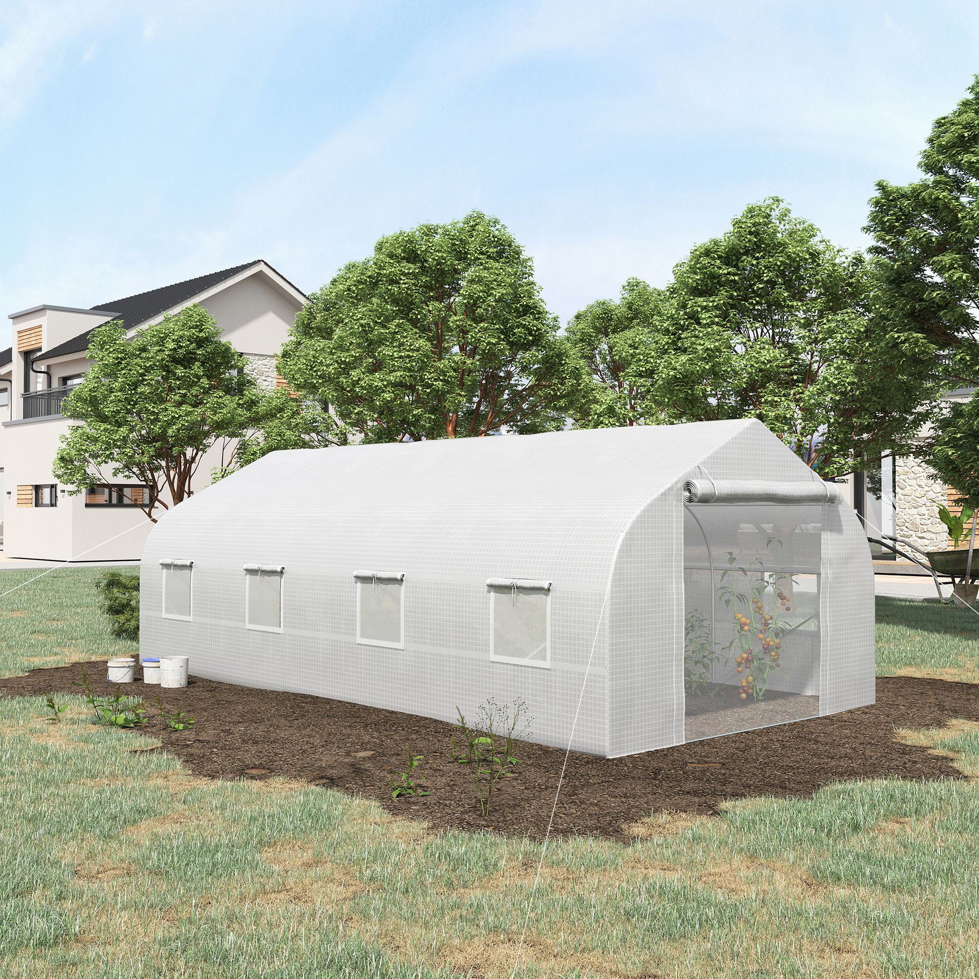 White arched tunnel greenhouse with transparent PE cover ideal for home gardening and plant protection