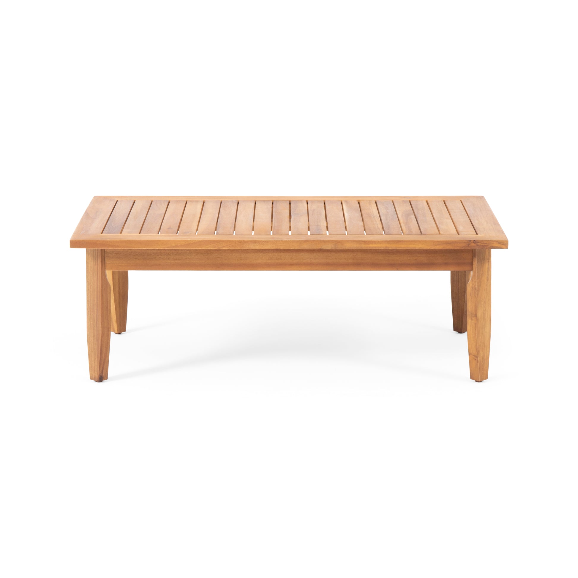 Rectangular wooden coffee table with slatted top and tapered legs
