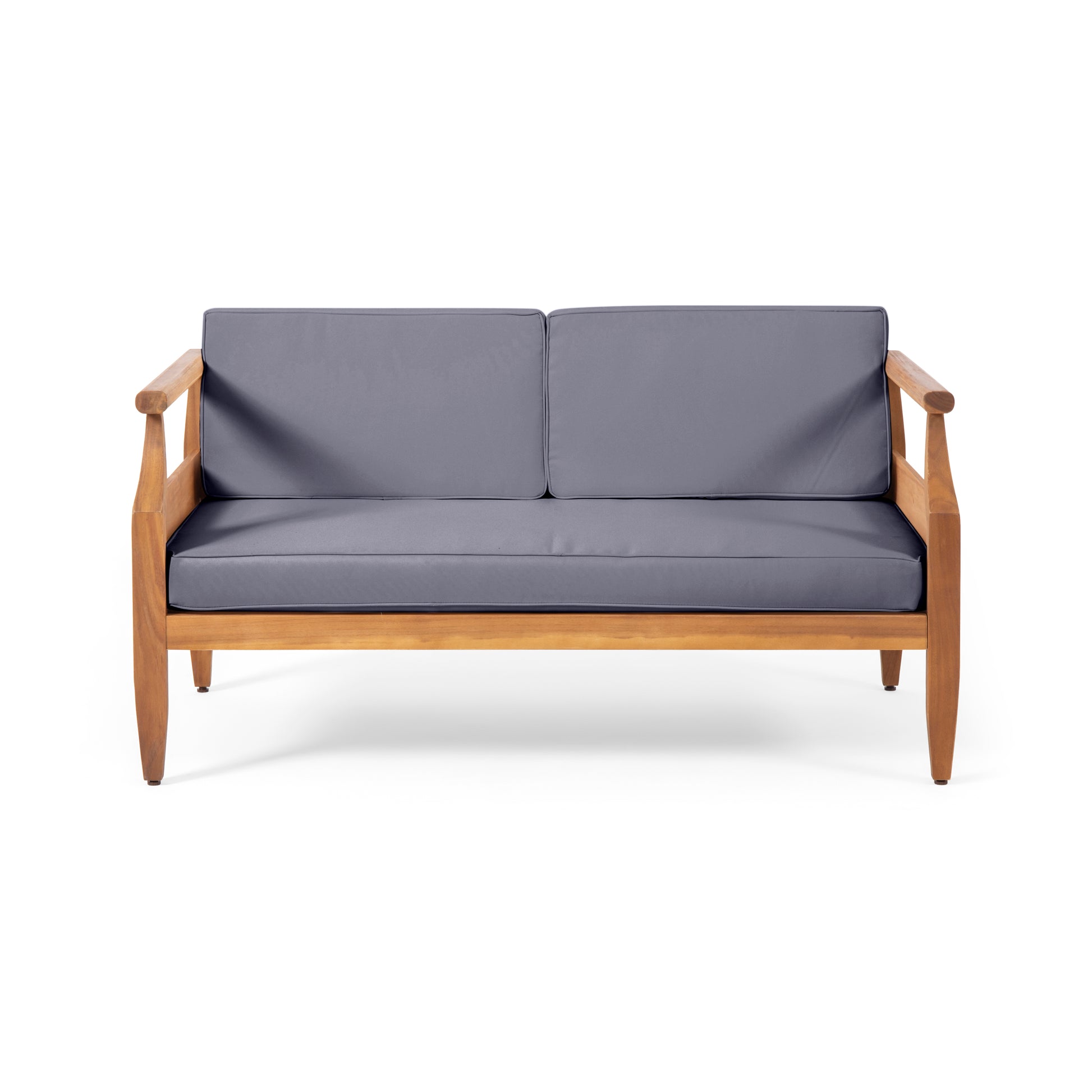 Wooden loveseat with grey cushions and modern slatted arms perfect for outdoor relaxation
