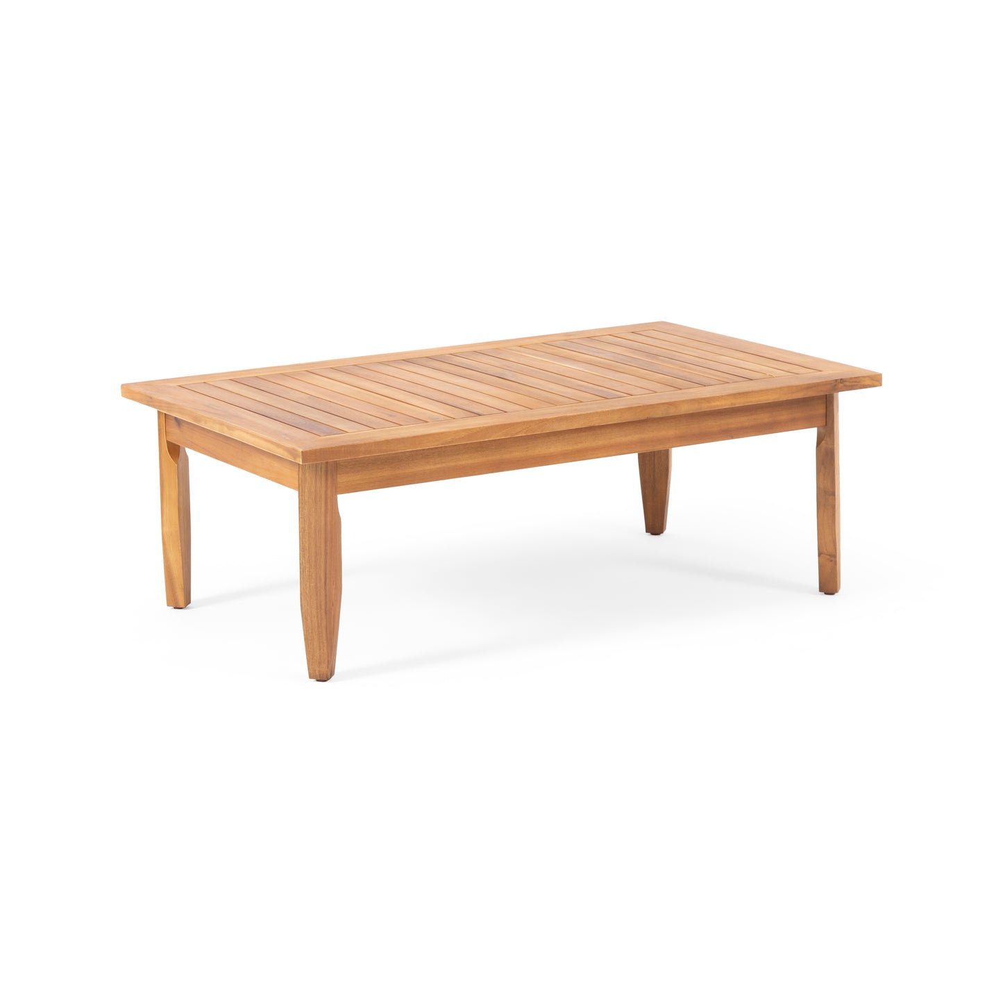 Rectangular wooden coffee table with slatted top and tapered legs ideal for patio seating