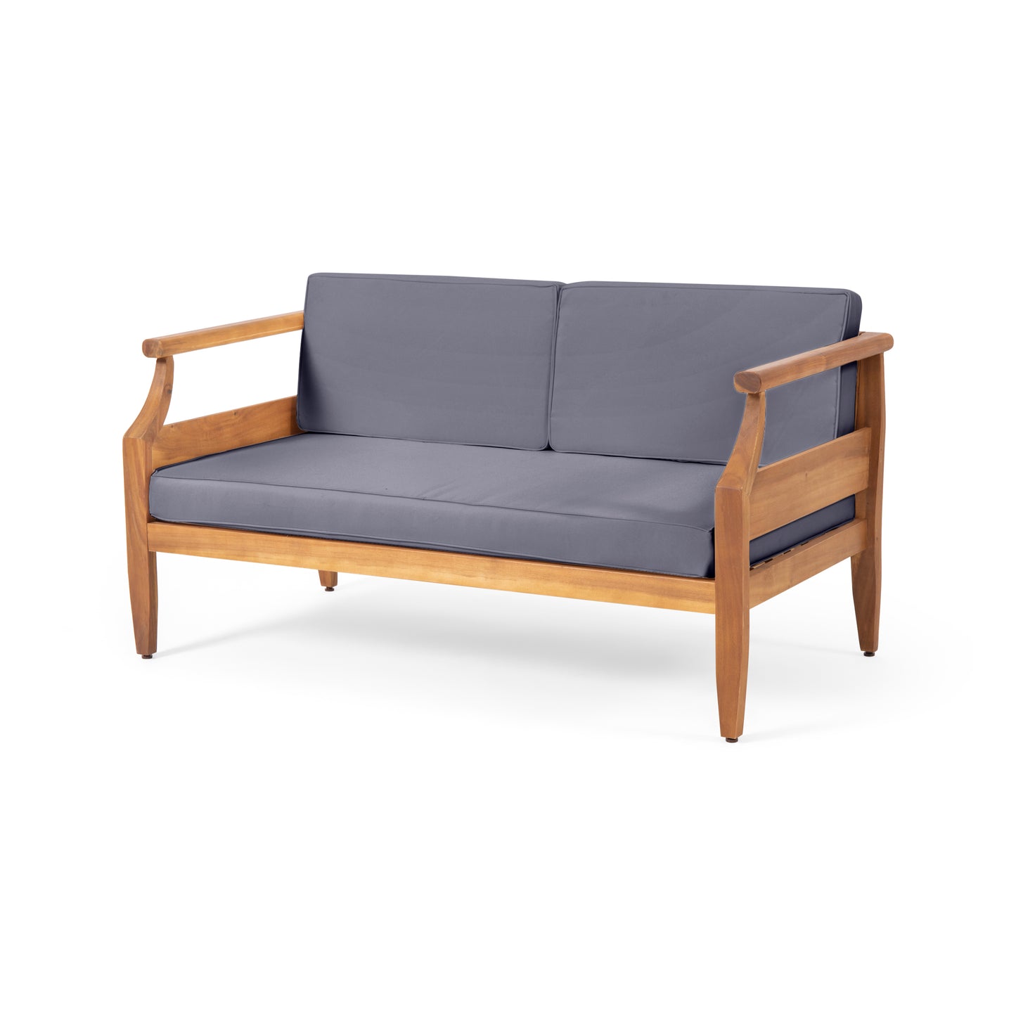 Wooden loveseat with grey cushions perfect for outdoor seating