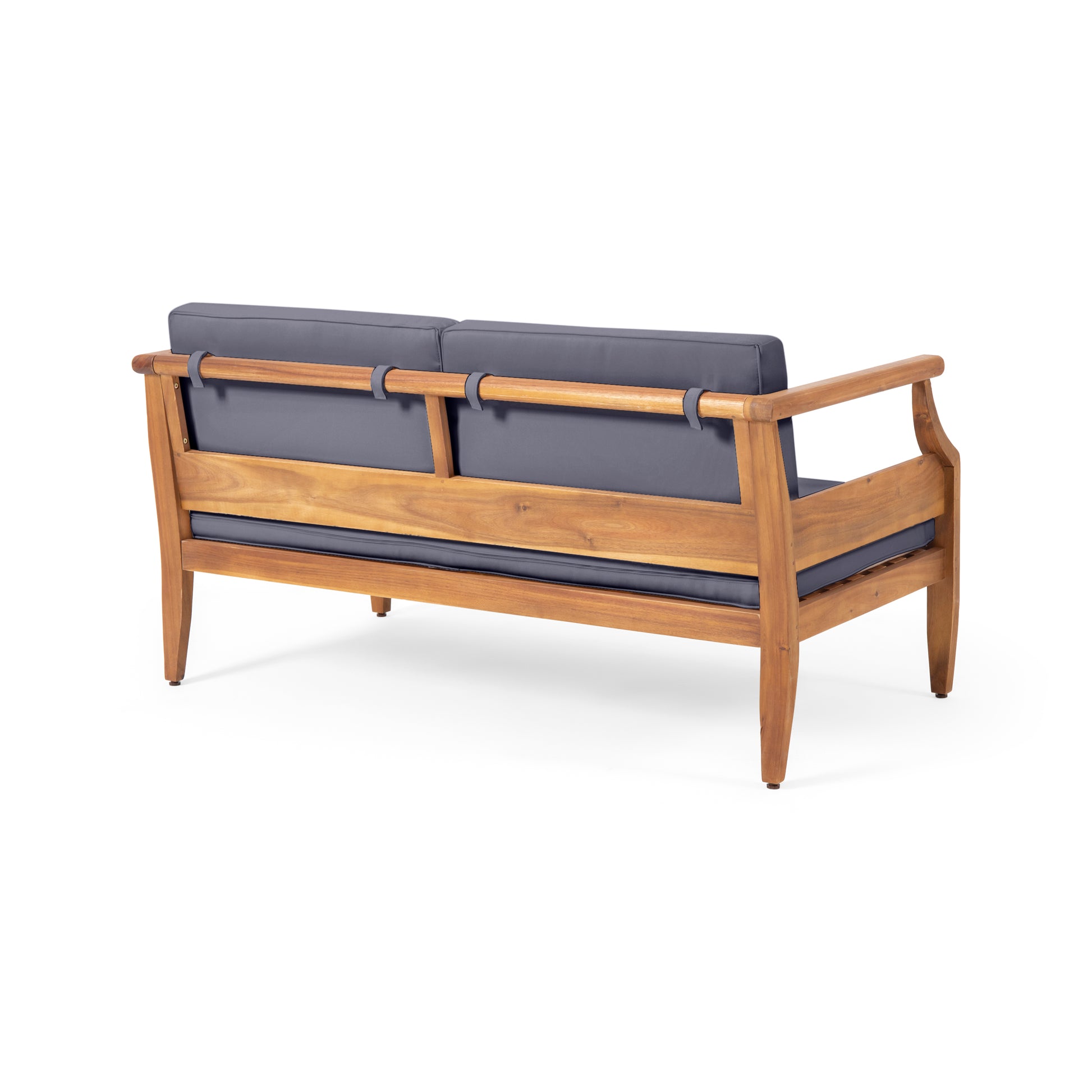 Wooden outdoor loveseat with dark gray cushions and clean lines perfect for patio seating