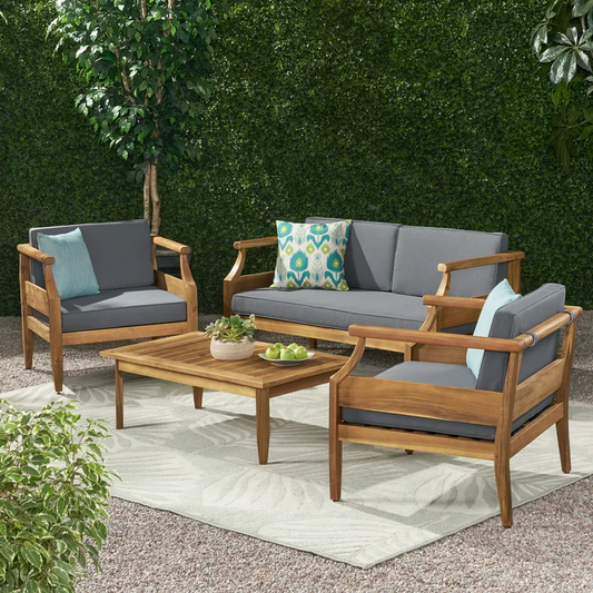 Acacia wood outdoor sofa set with grey cushions and decorative pillows perfect for patio relaxation