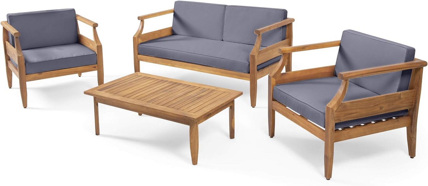 Wooden outdoor furniture set with gray cushions and coffee table