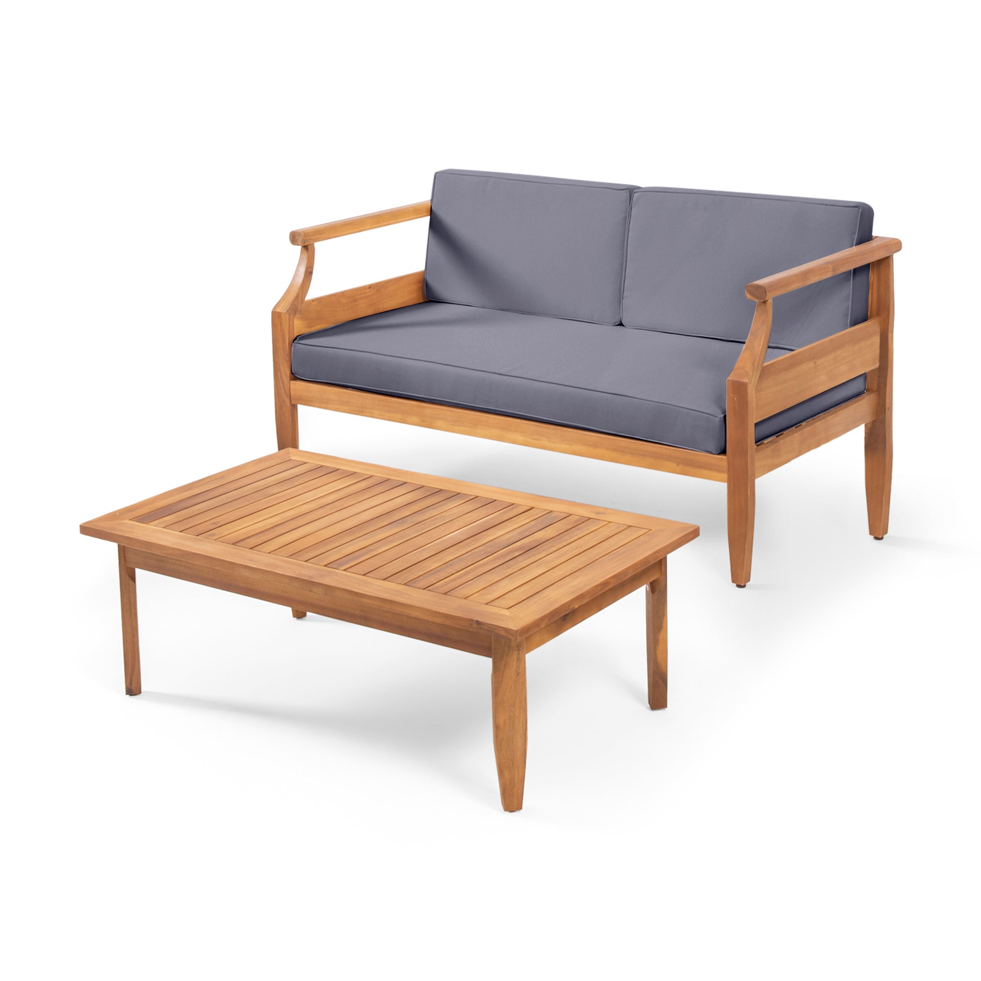 Acacia wood loveseat with grey cushions and slatted coffee table for outdoor seating