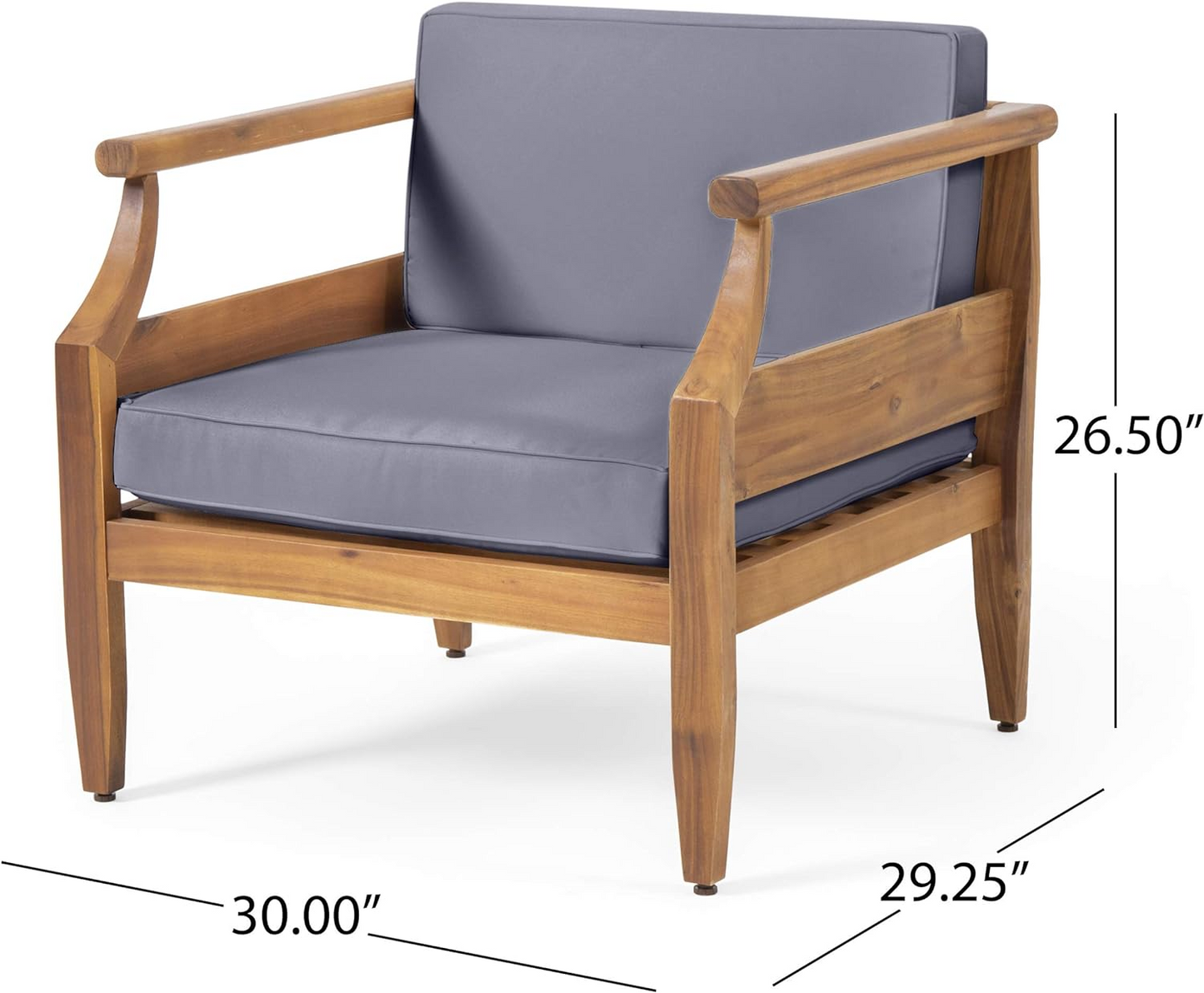 Acacia wood outdoor armchair with plush grey cushions ideal for patio relaxation