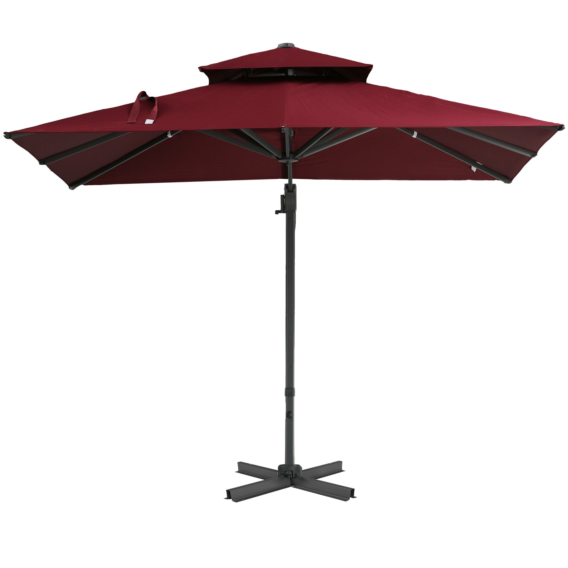 Burgundy patio umbrella with a doubletiered canopy and a black metal base for outdoor shade