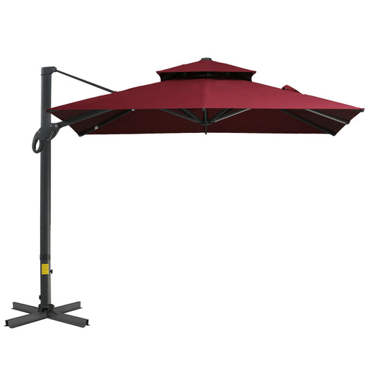 Red cantilever patio umbrella with doubletiered canopy and dark grey metal pole