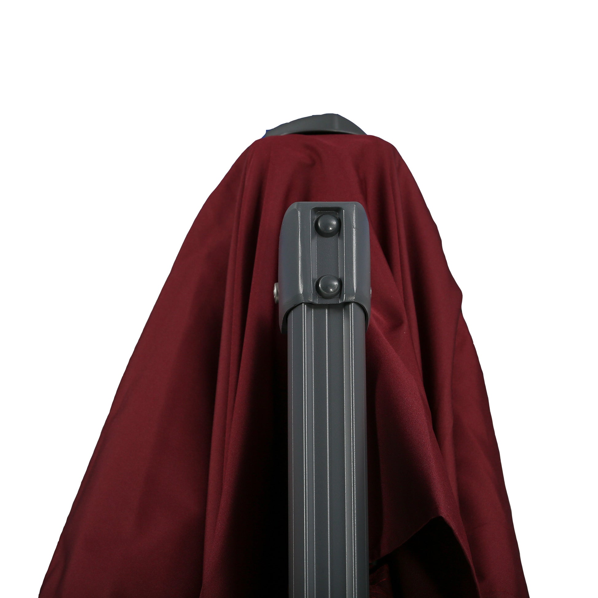 Burgundy patio umbrella fabric with grey ribbed pole and button mechanism