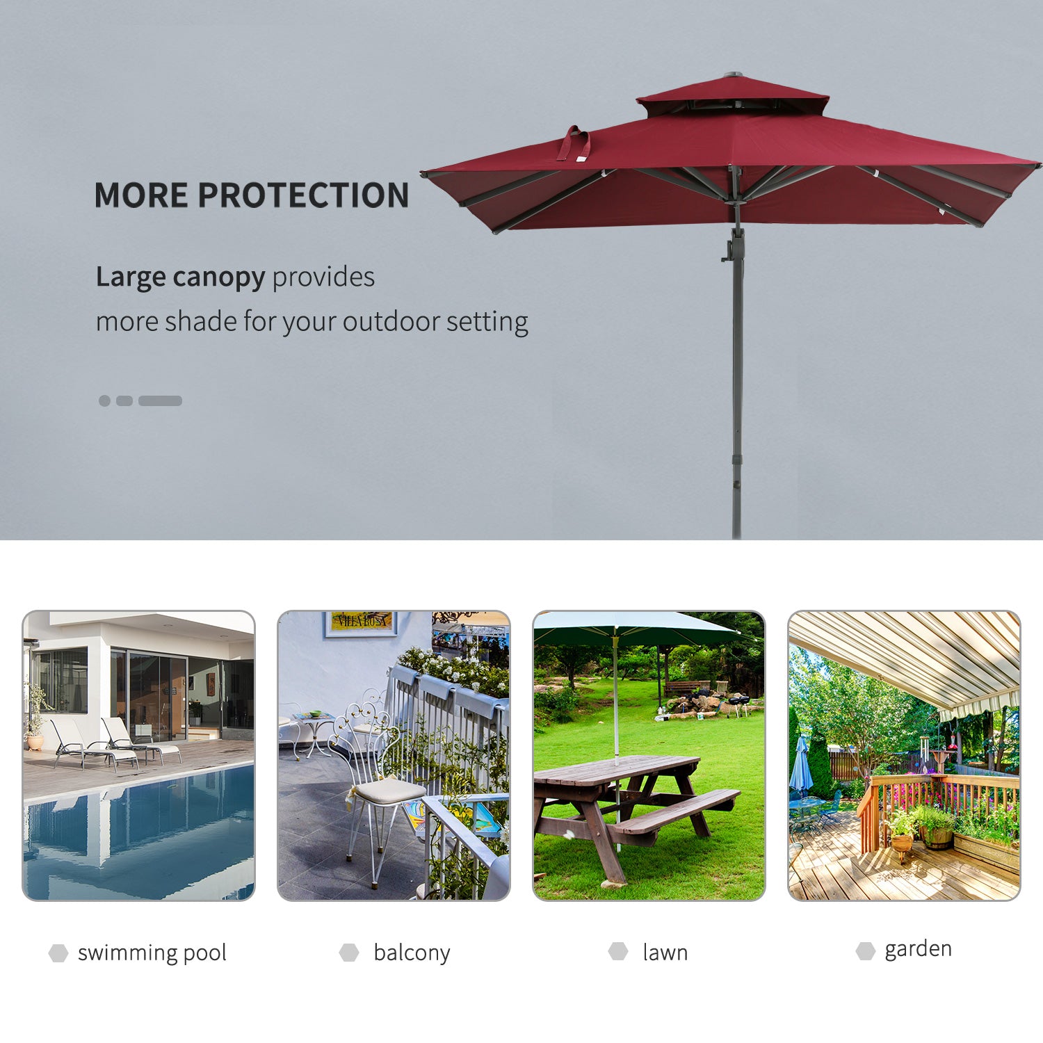 Red patio umbrella with dualtier canopy providing ample shade