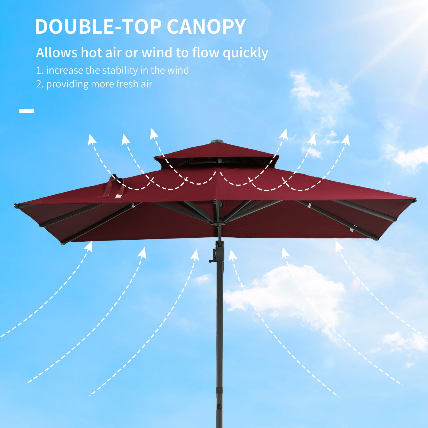 Burgundy doubletop patio umbrella with ventilation arrows illustrating airflow