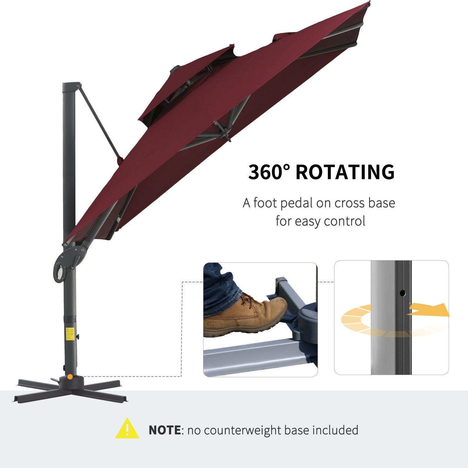 Burgundy cantilever patio umbrella with a dark grey pole and black cross base Features degree rotation via foot pedal