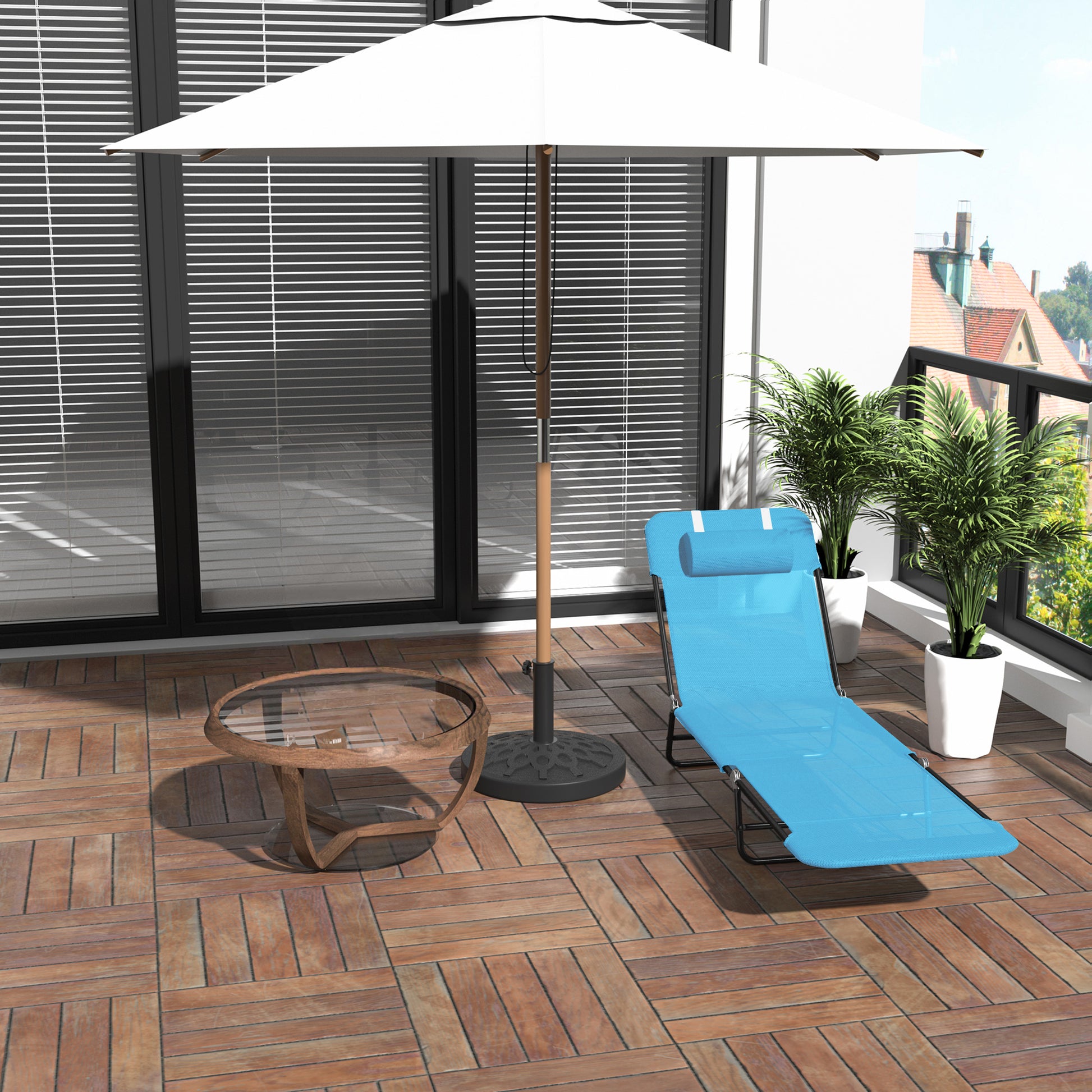Blue mesh fabric lounge chair with adjustable pillow for outdoor relaxation
