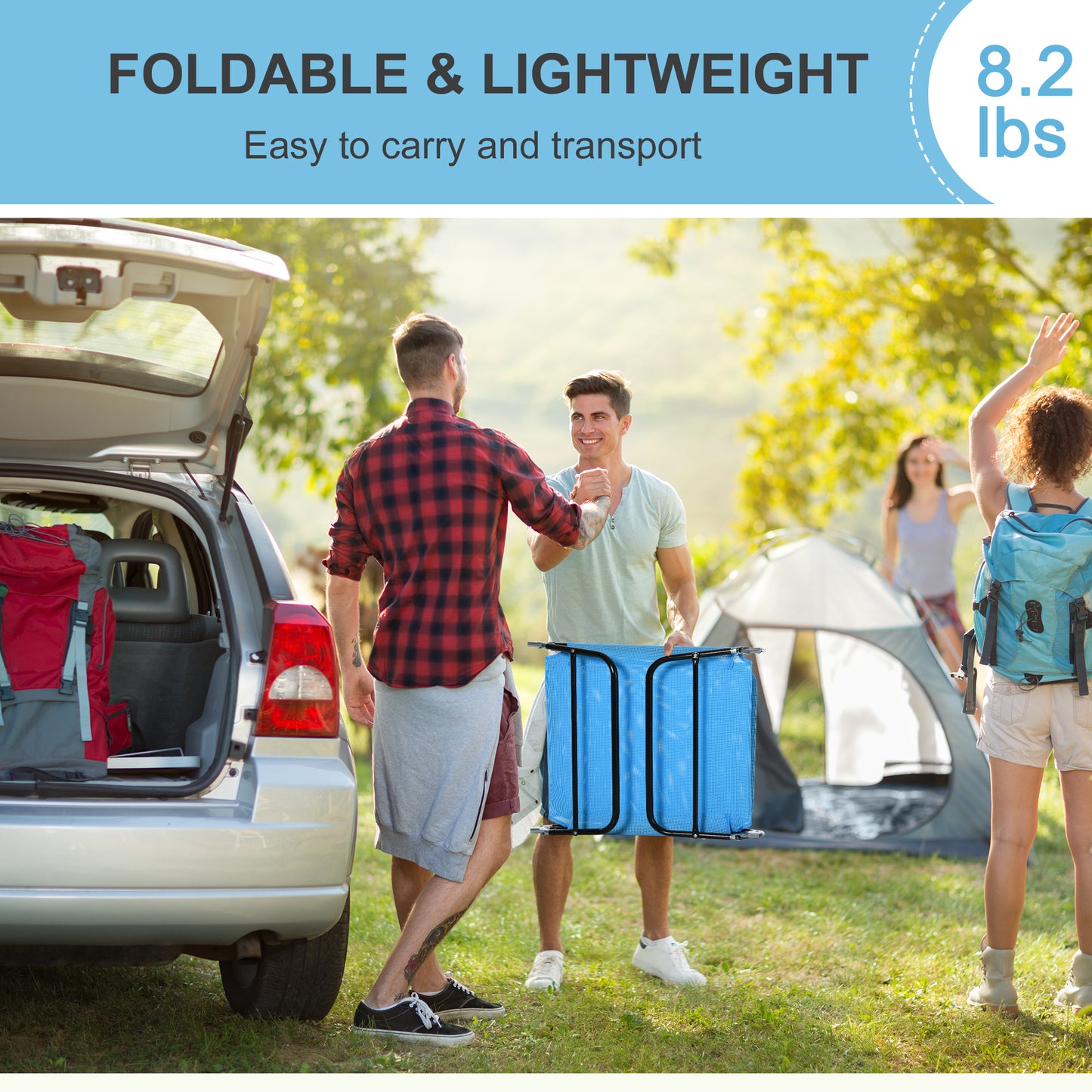 Two men carrying a blue mesh collapsible trolley for camping gear
