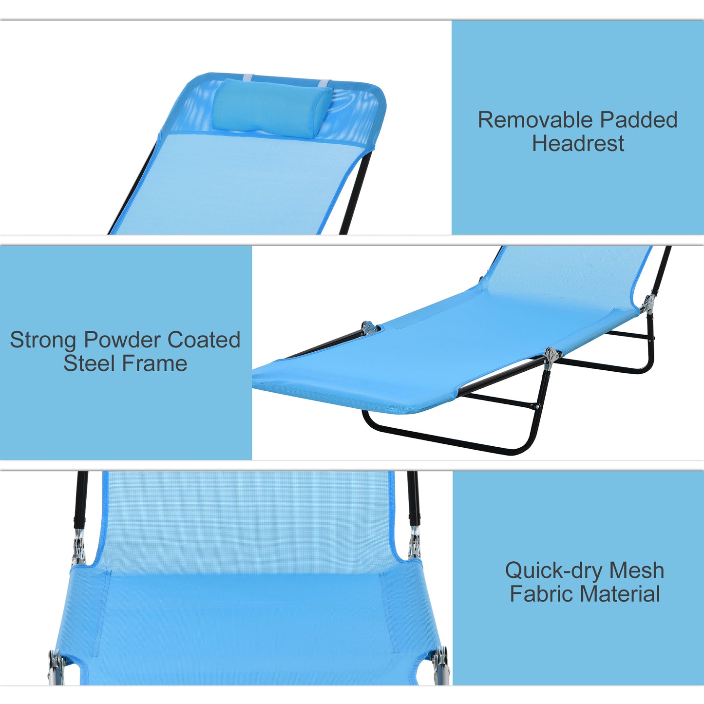 Blue mesh lounger with removable padded headrest for ultimate comfort