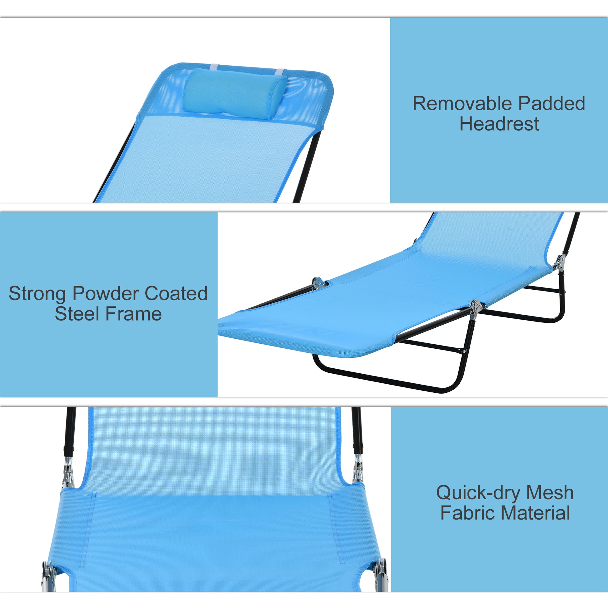 Blue mesh lounger with removable padded headrest for ultimate comfort