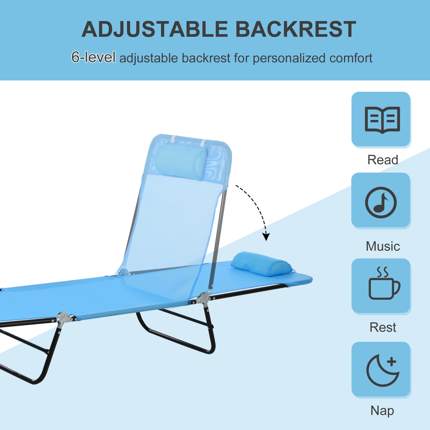 Blue adjustable lounge chair with mesh back for outdoor relaxation