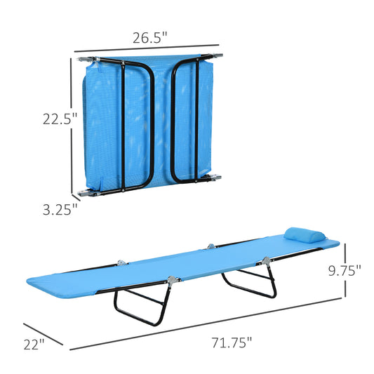 Blue portable camping cot with headrest showcasing dimensions for easy transport and use