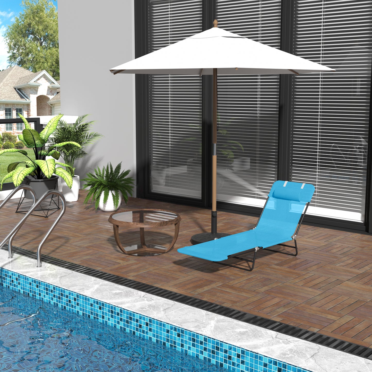 Bright blue recliner chair with headrest on wooden patio by pool