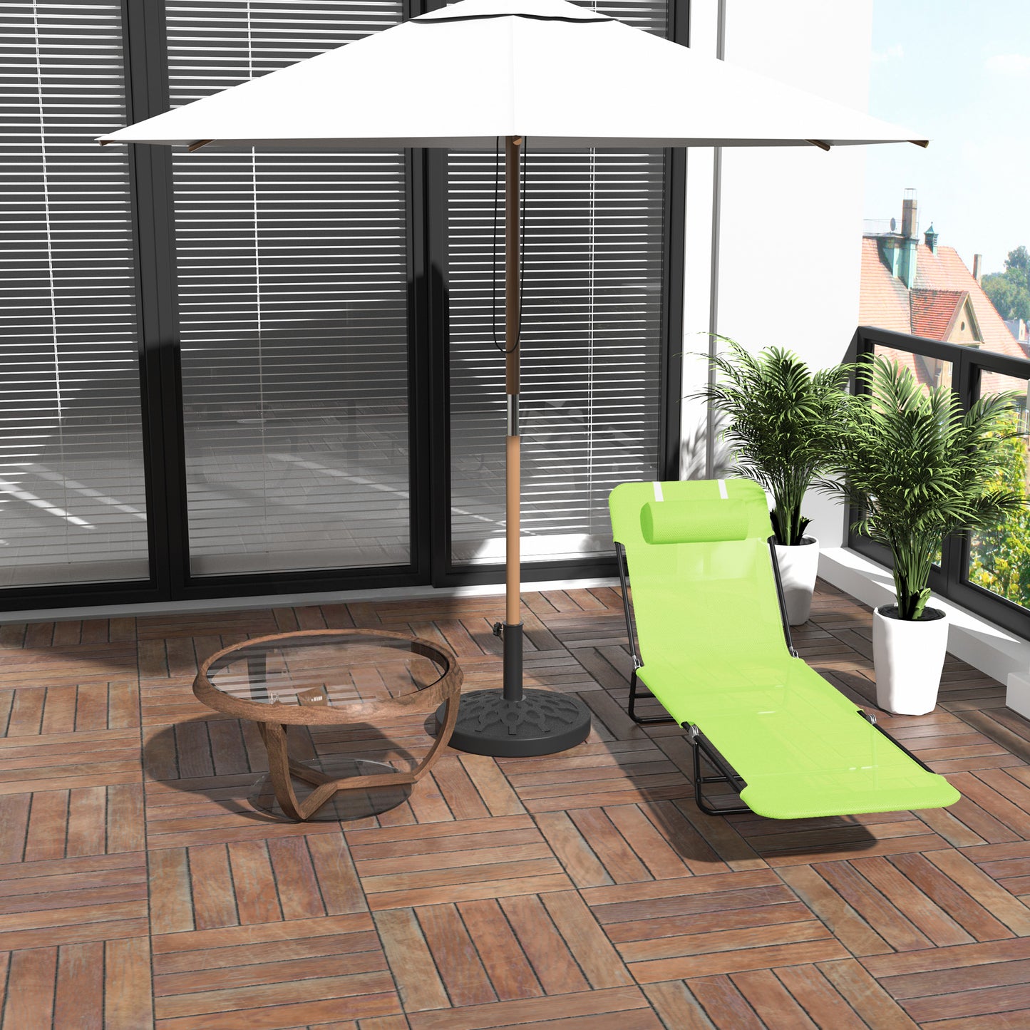 Bright lime green adjustable lounge chair with headrest on a wooden deck