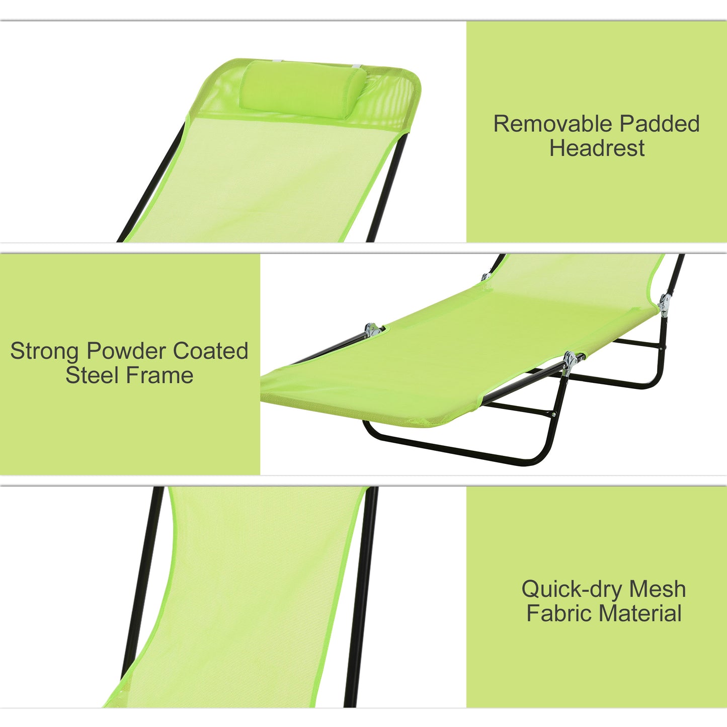 Lime green mesh lounge chair with removable padded headrest for comfort