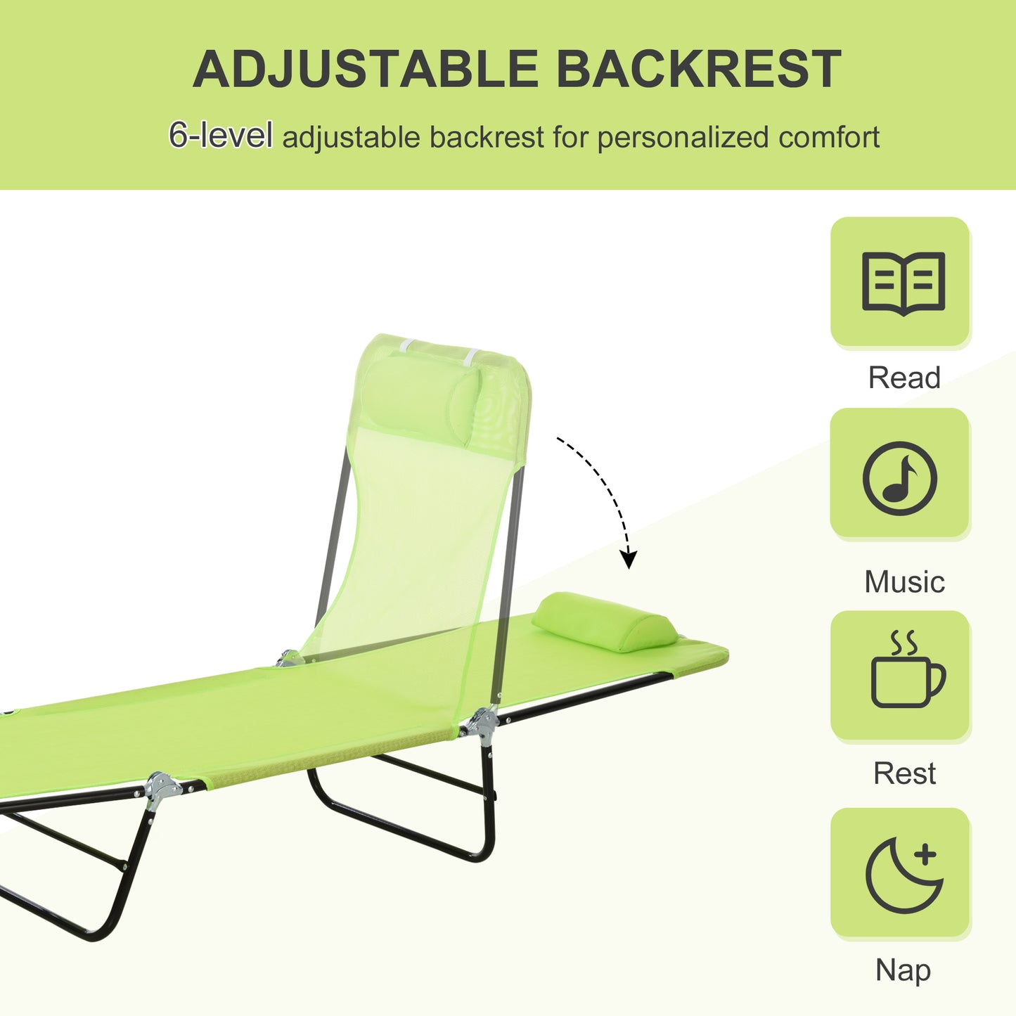 Light green adjustable lounge chair with black metal frame perfect for outdoor rest