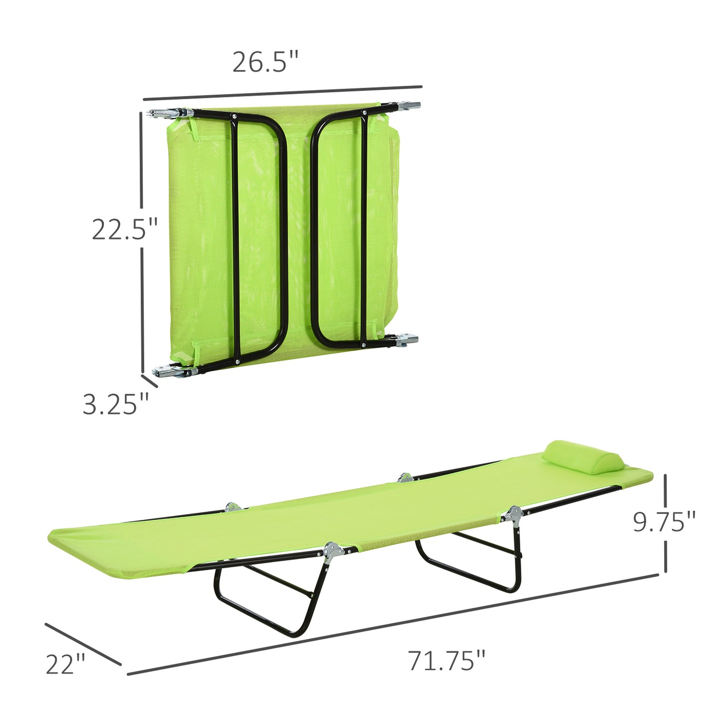 Lime green folding cot with black metal frame perfect for camping or outdoor use