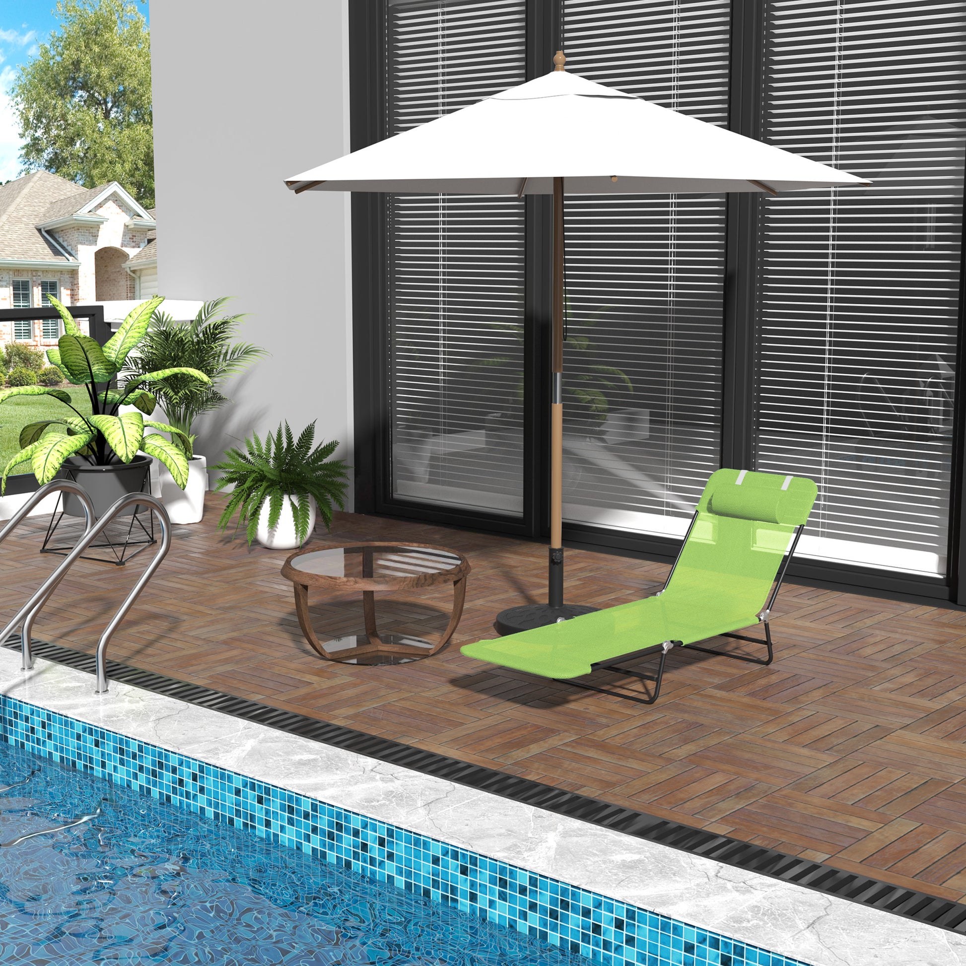 Green mesh chaise lounge chair with headrest by pool patio