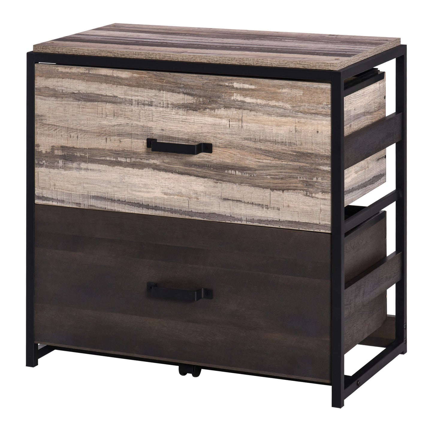 Industrial style filing cabinet with two drawers and black metal frame