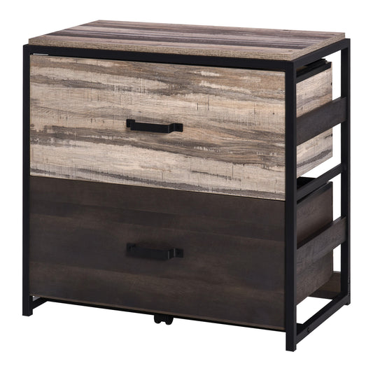 Industrial style filing cabinet with two drawers and black metal frame