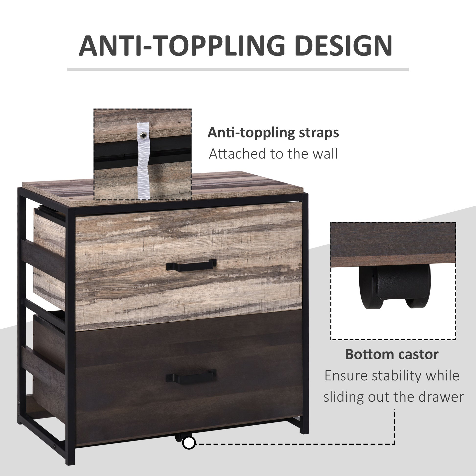 Rustic wood filing cabinet with two drawers and black metal frame antitoppling strap