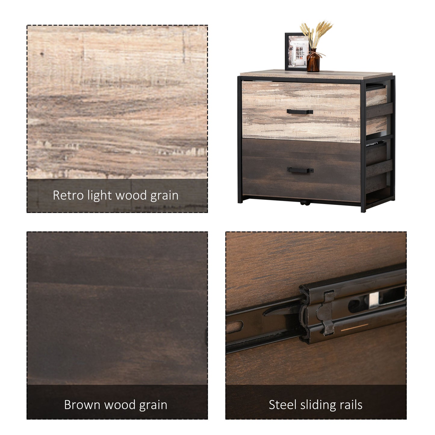 Retro light wood grain dresser with black metal frame and two drawers