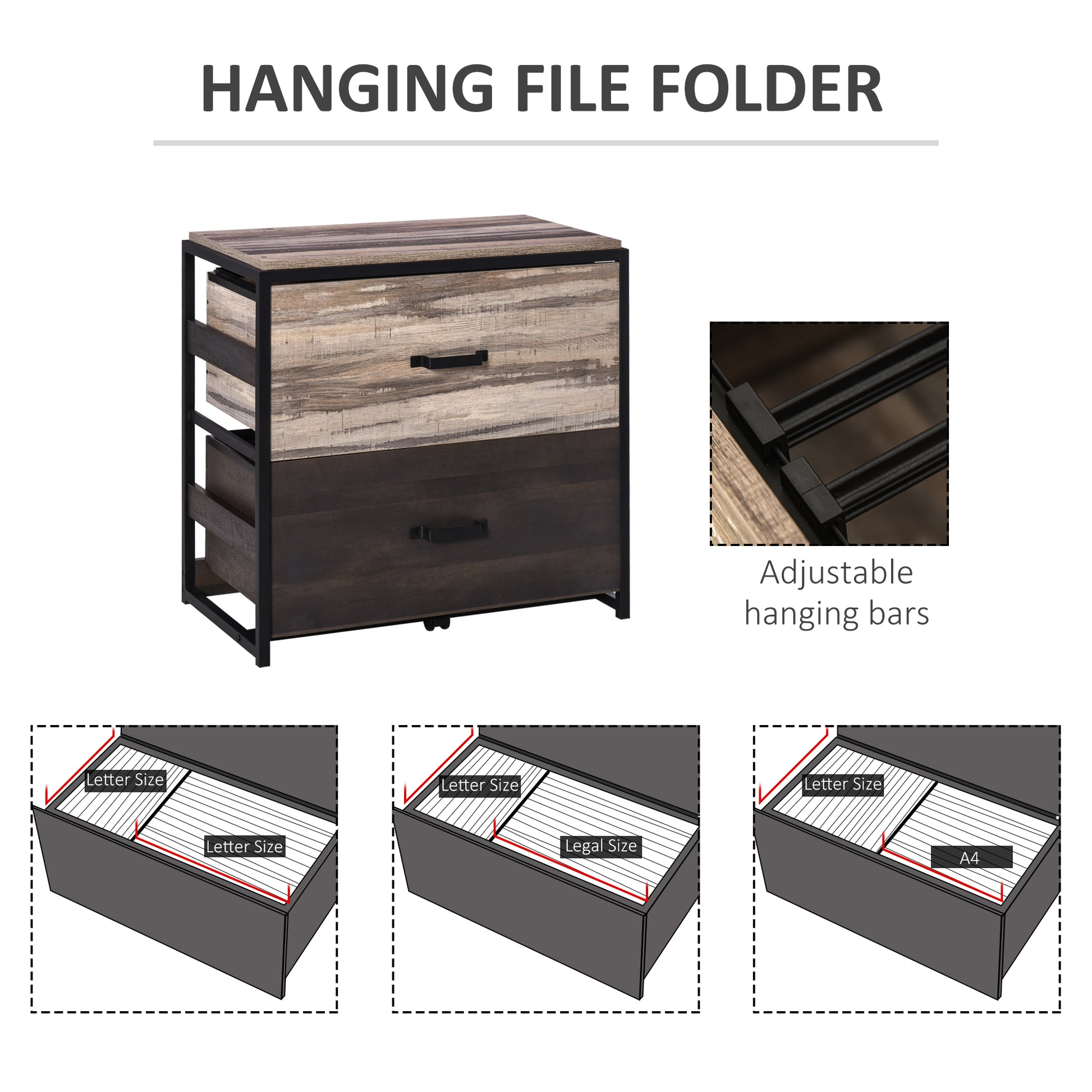Industrial style twodrawer filing cabinet with distressed wood finish