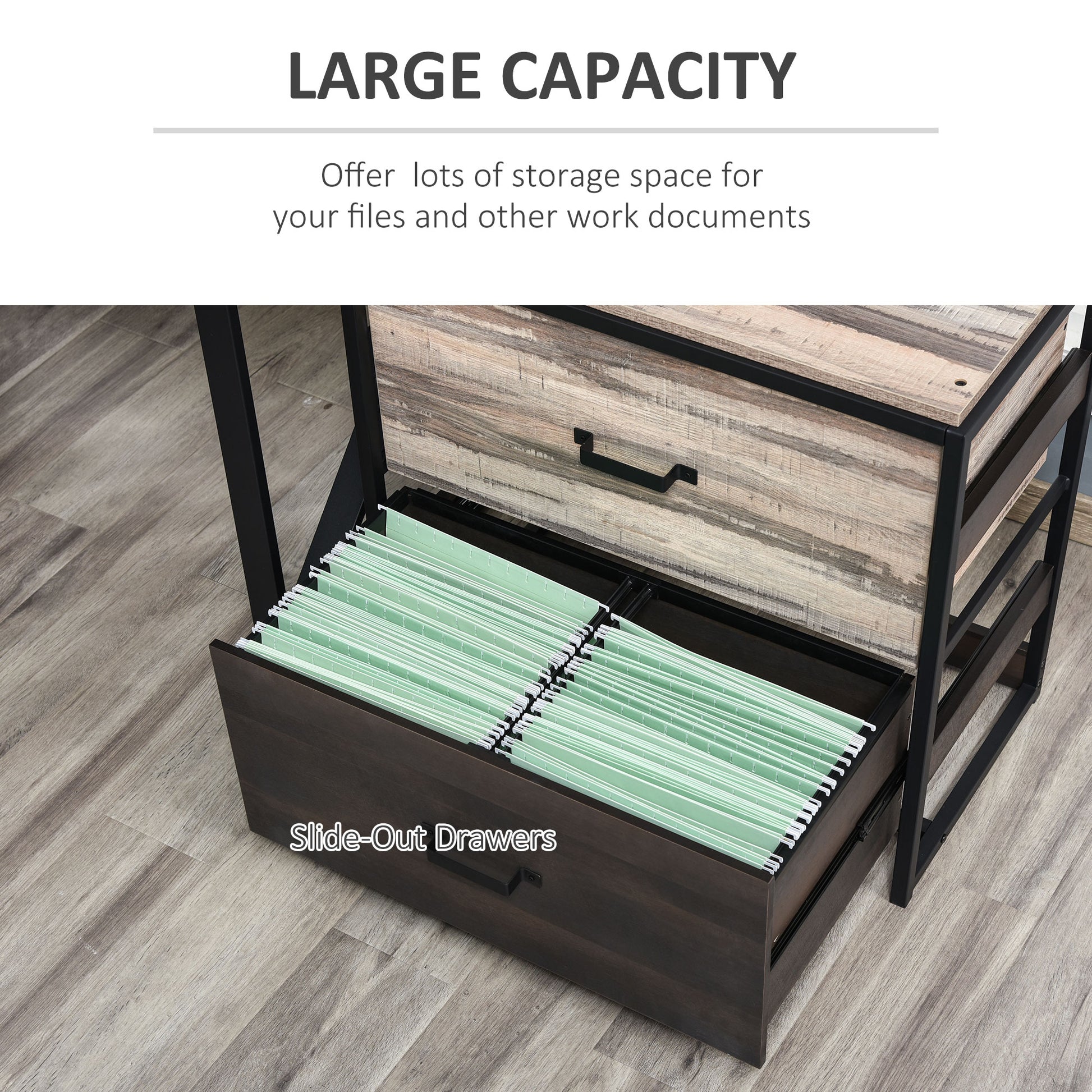 Dark wood filing cabinet with open drawer filled with mint green hanging files