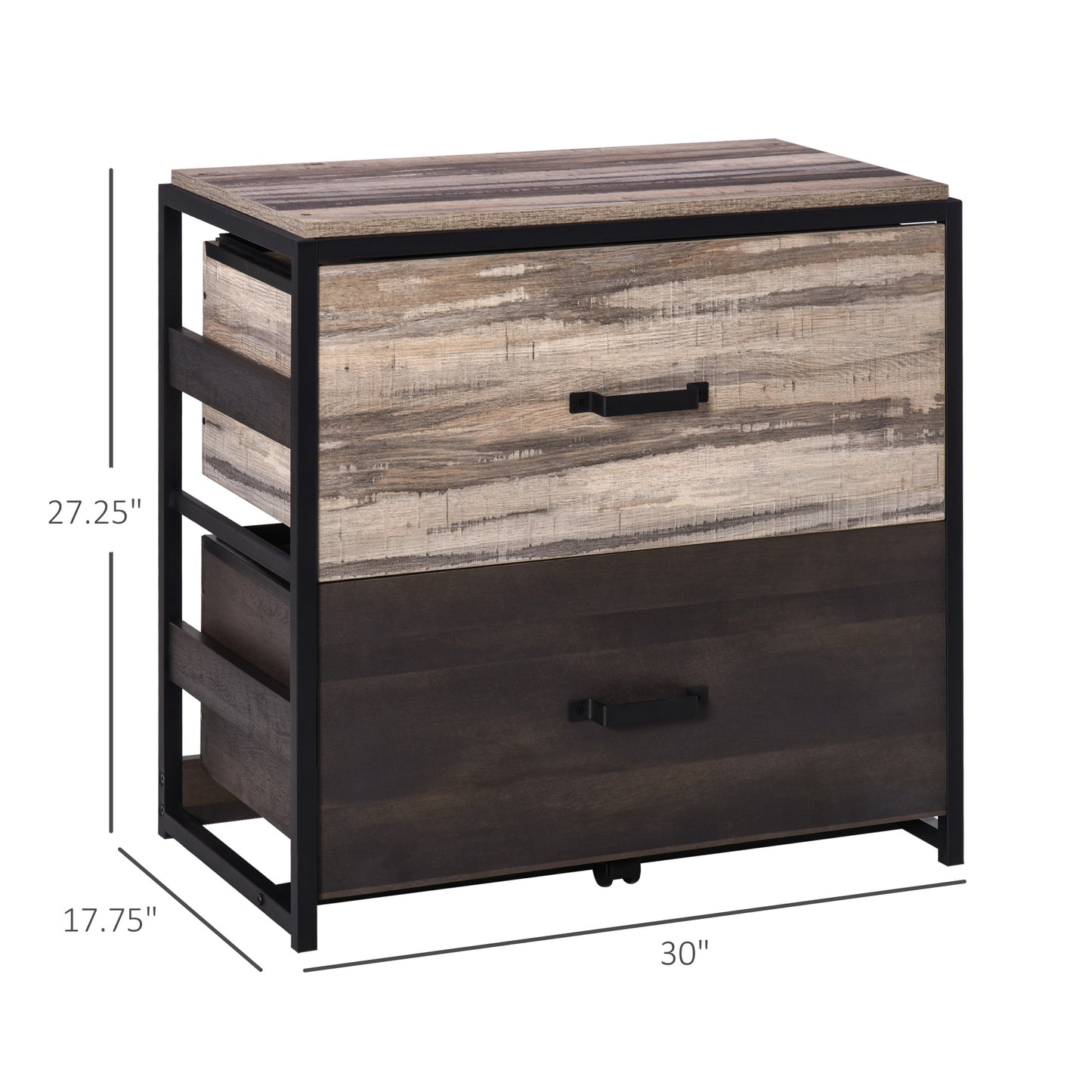 Rustic industrial style filing cabinet with two drawers black metal frame and distressed wood finish