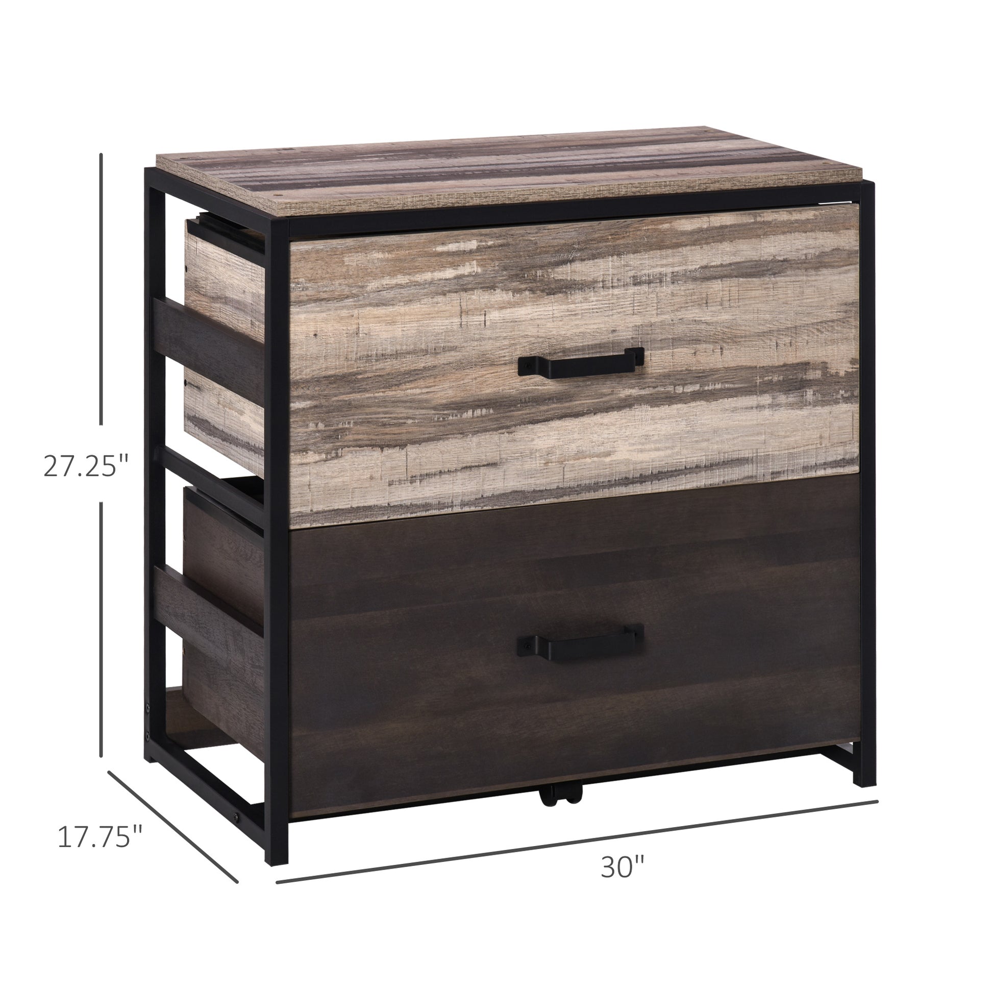 Rustic industrial style filing cabinet with two drawers black metal frame and distressed wood finish
