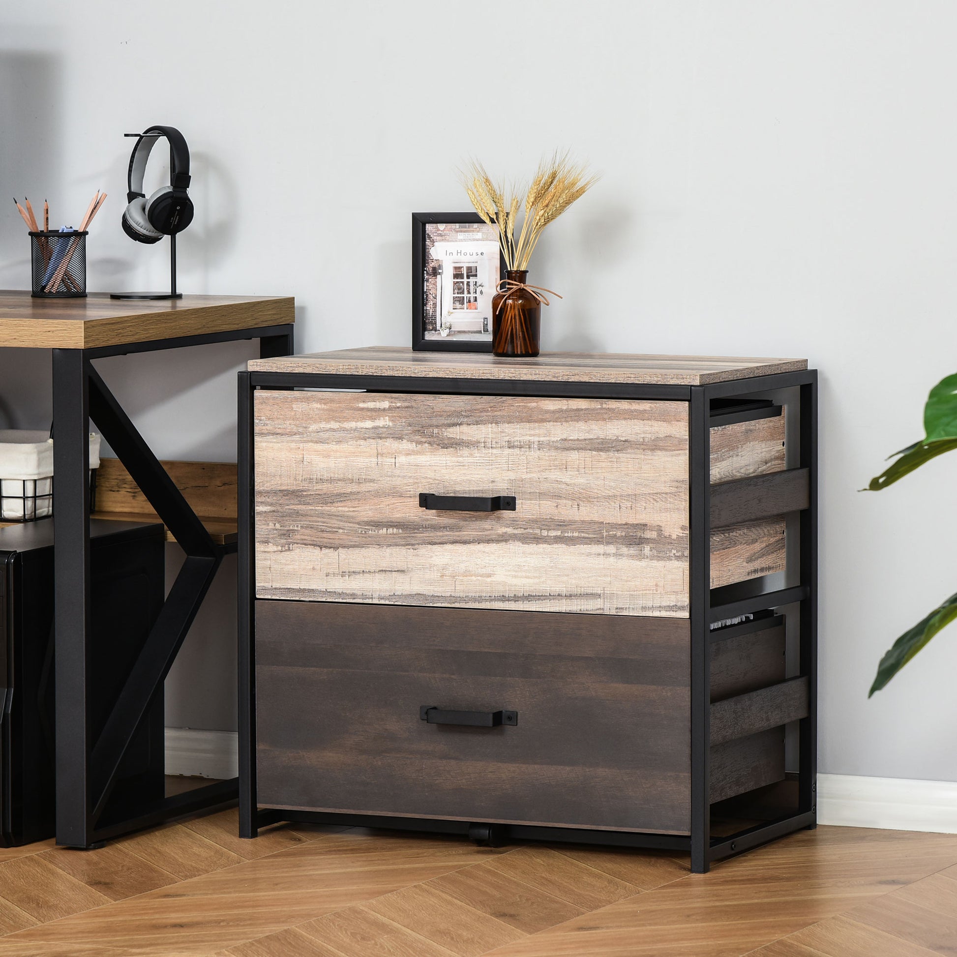 Rustic wood filing cabinet with two drawers and black metal frame for office organization