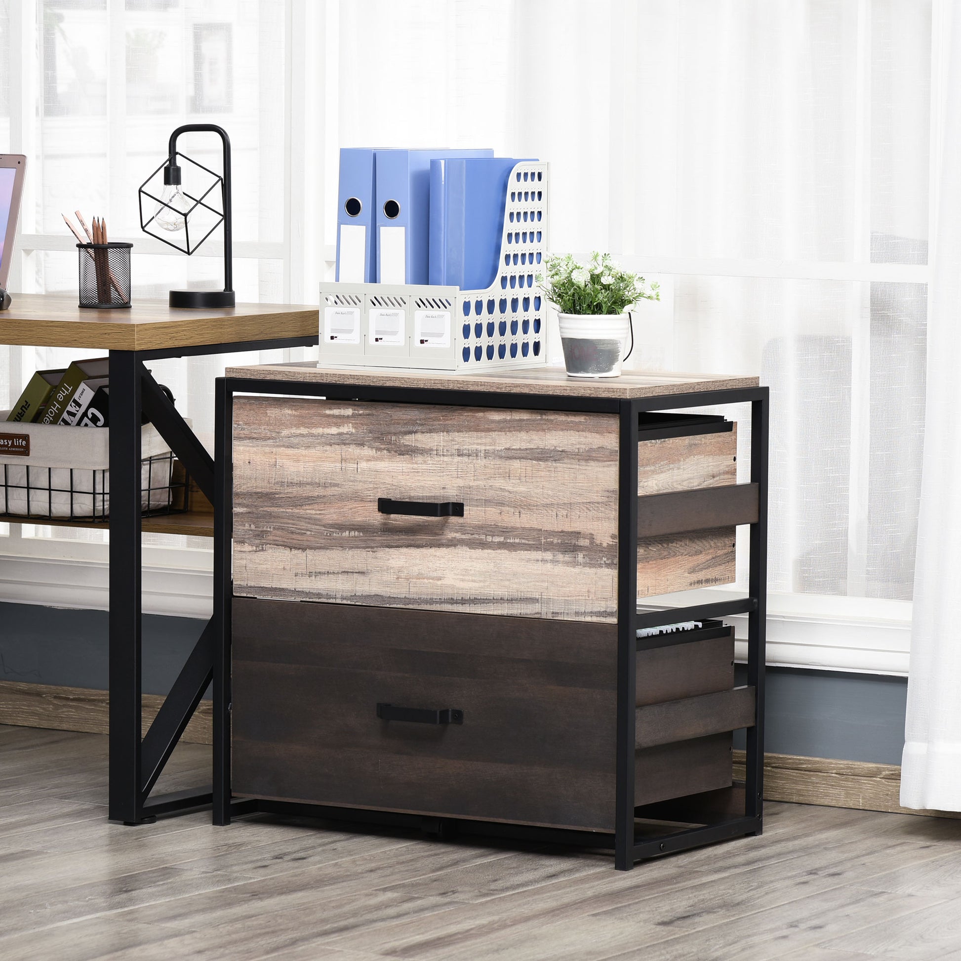 Rustic wood and metal filing cabinet with two drawers ideal for office organization