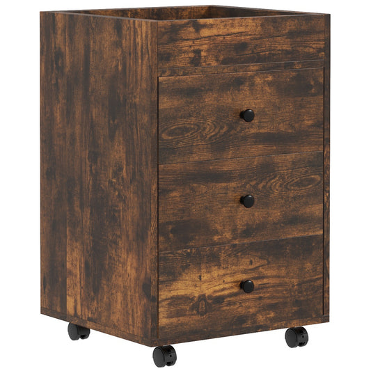 Rustic brown wood mobile filing cabinet with three drawers and black knobs