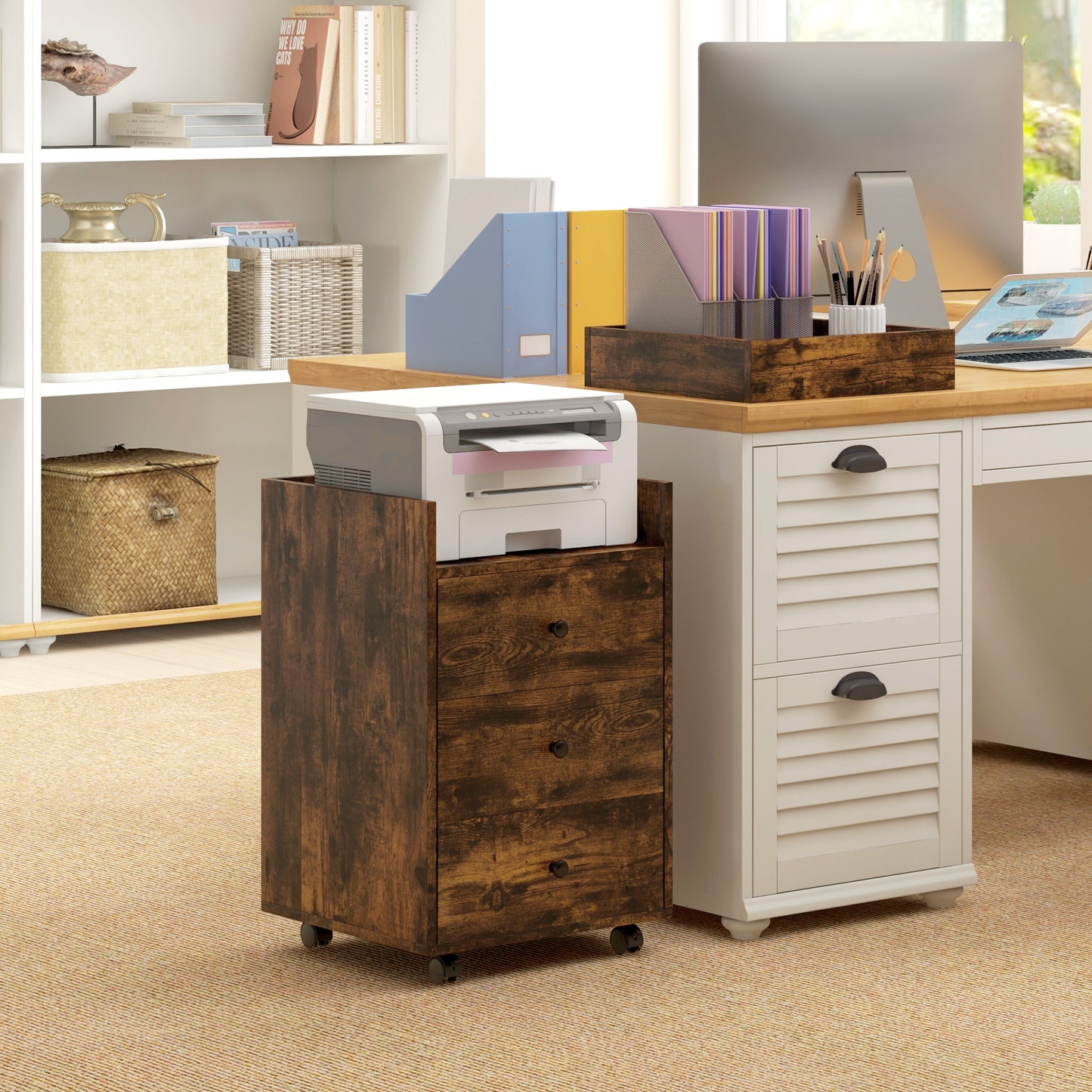 Rustic brown wooden filing cabinet with three drawers on wheels supporting a printer