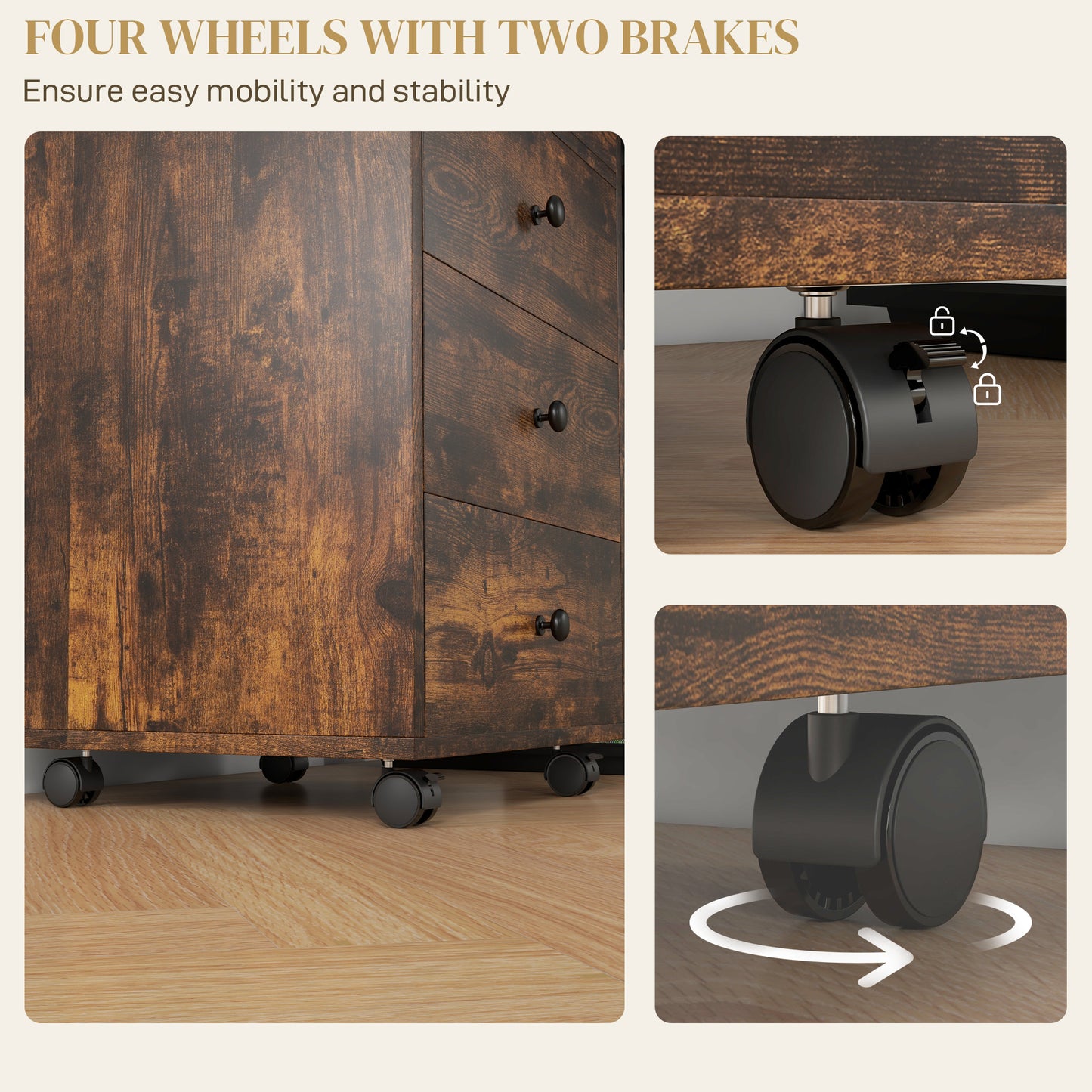 Dark wood filing cabinet with three drawers on black caster wheels