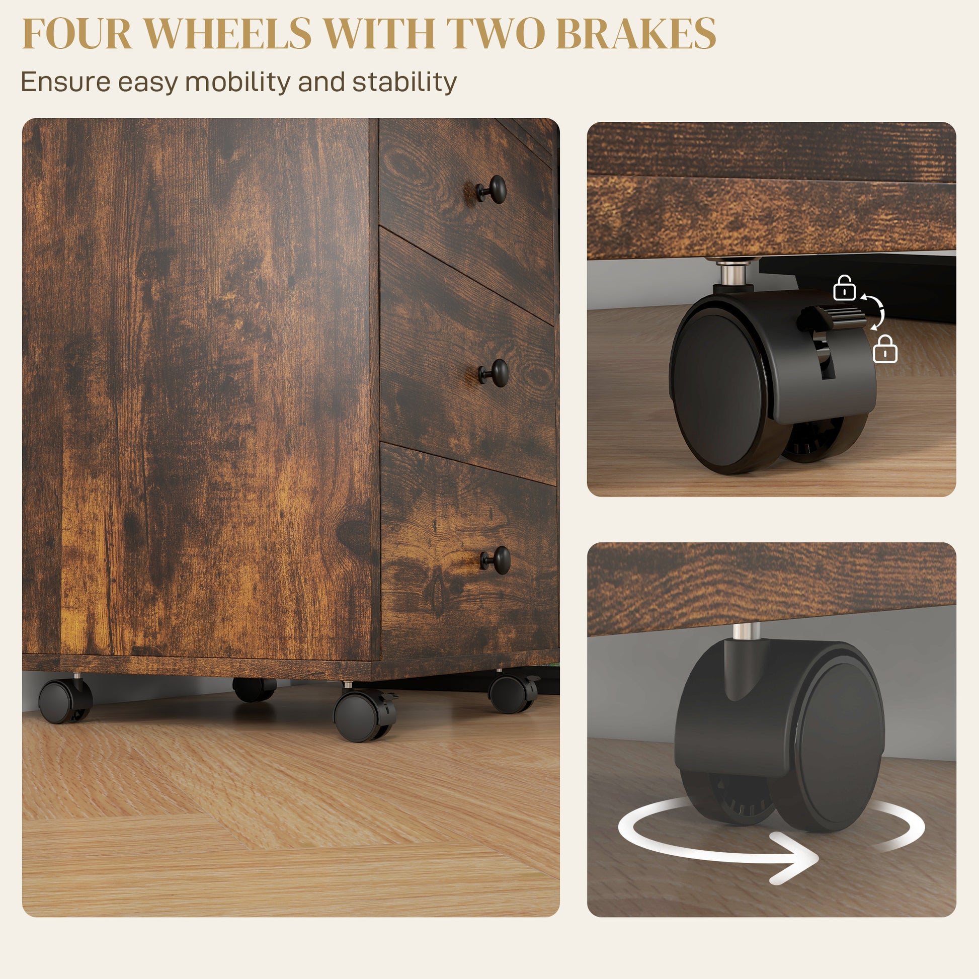 Dark wood filing cabinet with three drawers on black caster wheels