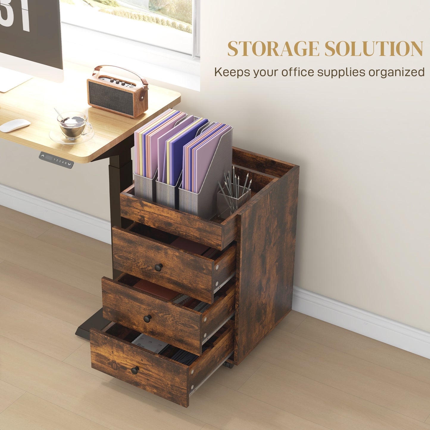 Rustic brown wooden file cabinet with three drawers and organizer slots holding folders and pens