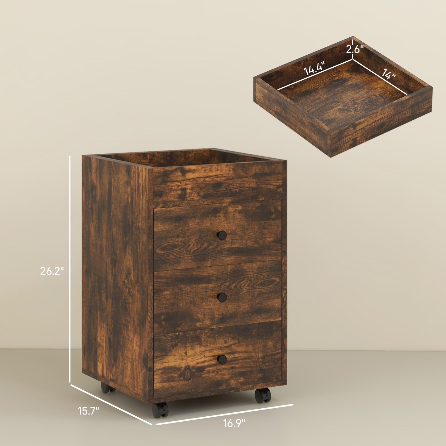 Rustic brown wood filing cabinet with three drawers and caster wheels