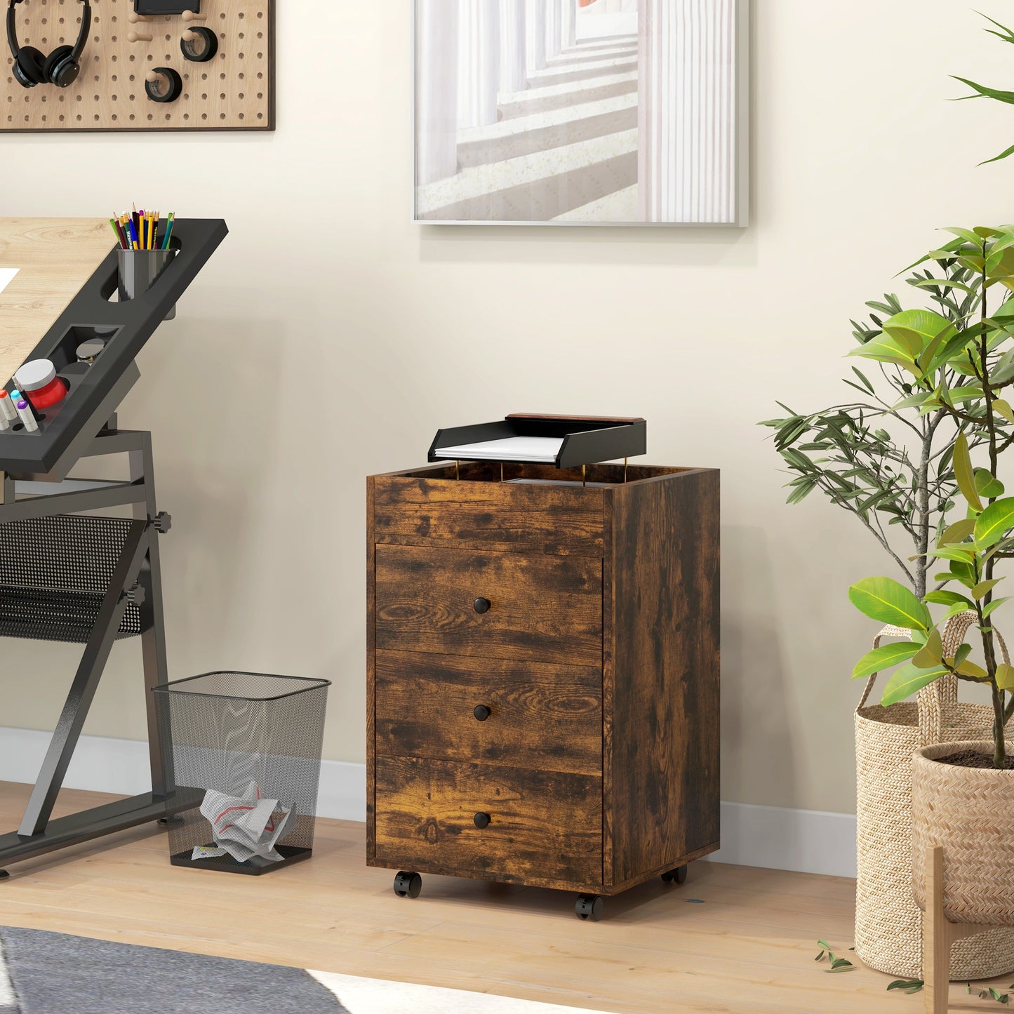 Rustic brown drawer filing cabinet with black knobs and wheels perfect for home office storage