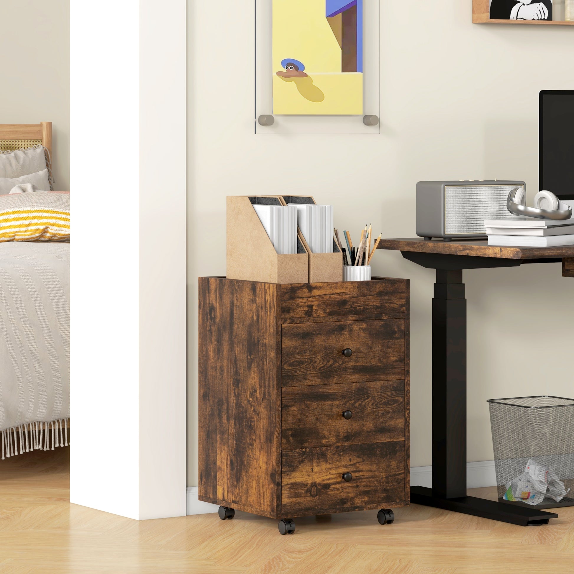 Rustic wood filing cabinet with three drawers and wheels for office organization
