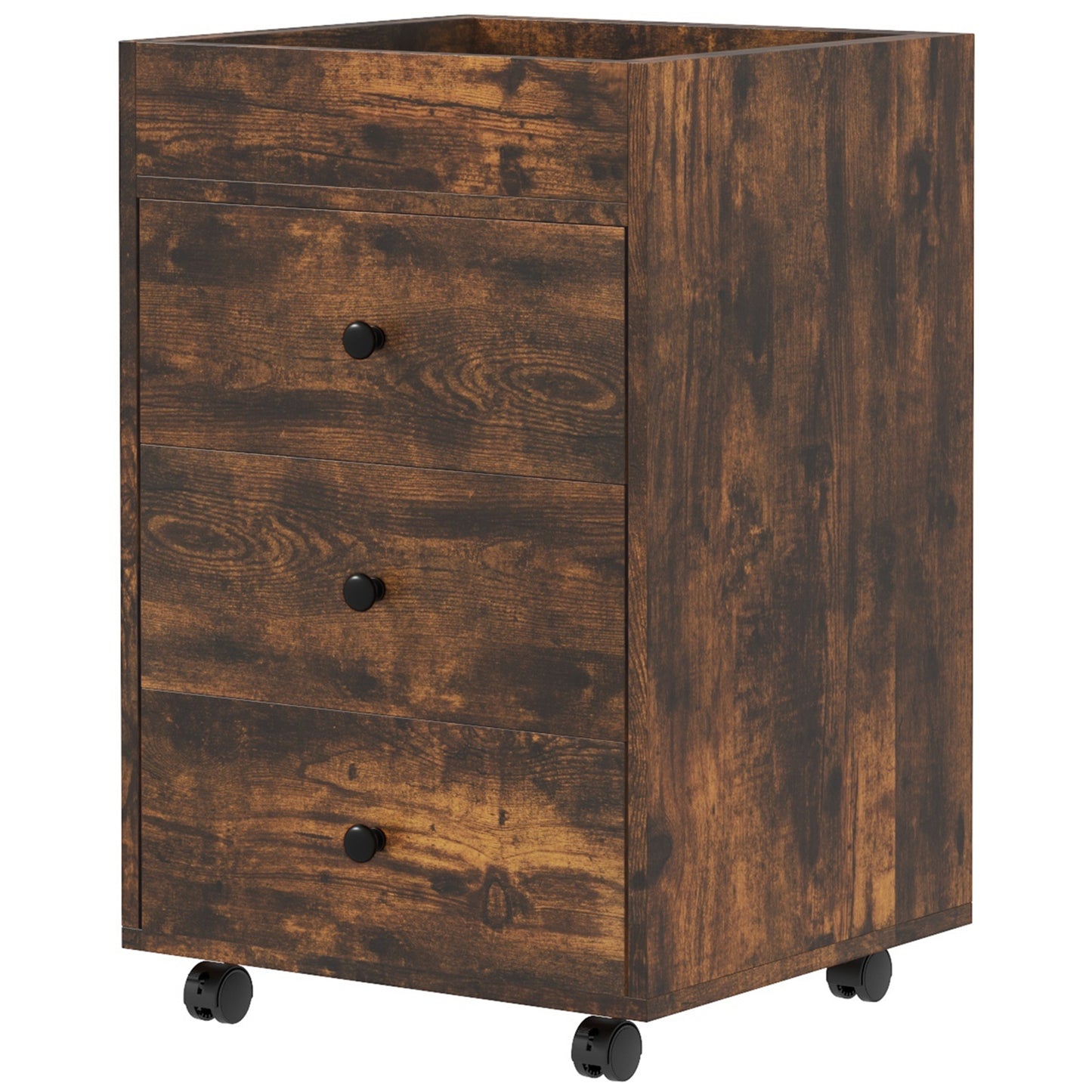 Rustic brown wood filing cabinet with three drawers and black casters
