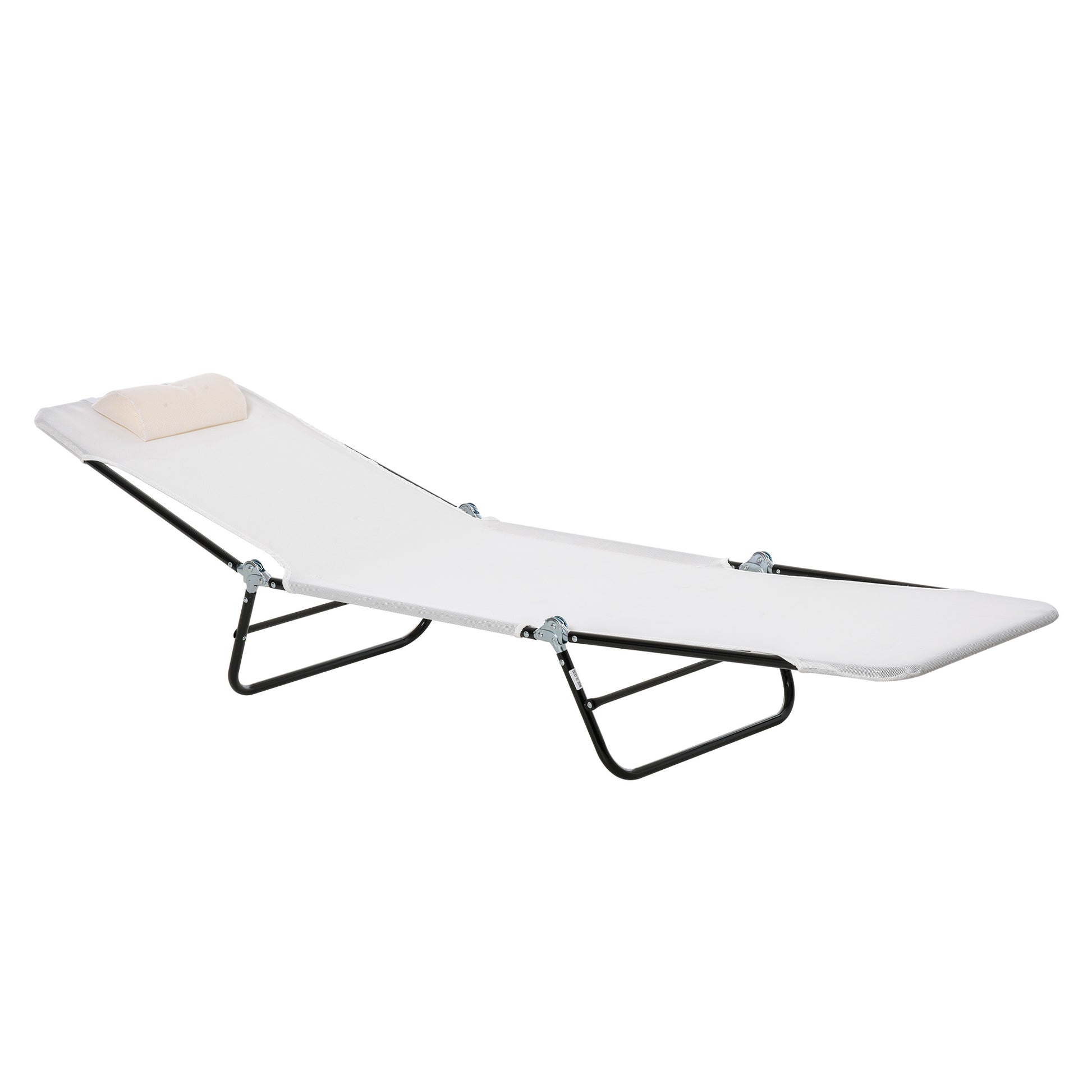 White canvas folding cot with black metal frame and beige pillow