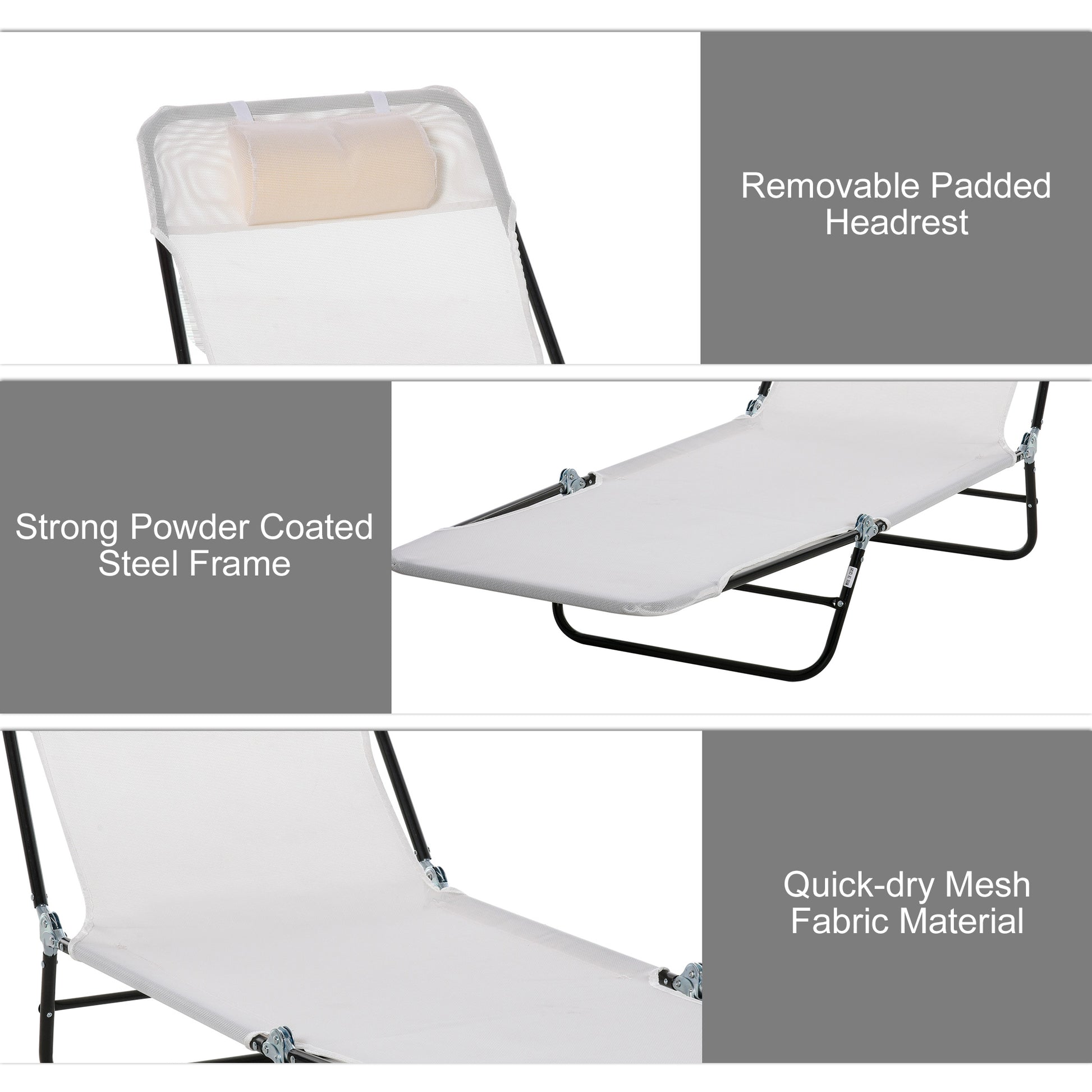 White mesh lounge chair with removable padded headrest for comfort