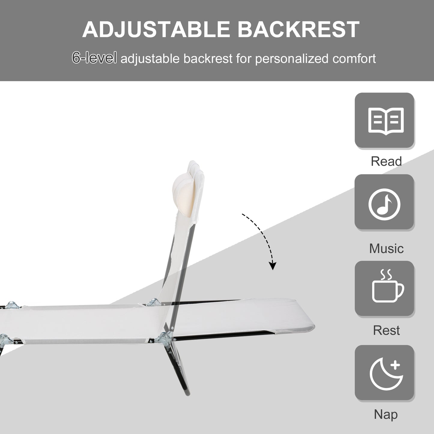 White adjustable backrest lounge chair with head cushion for personalized comfort